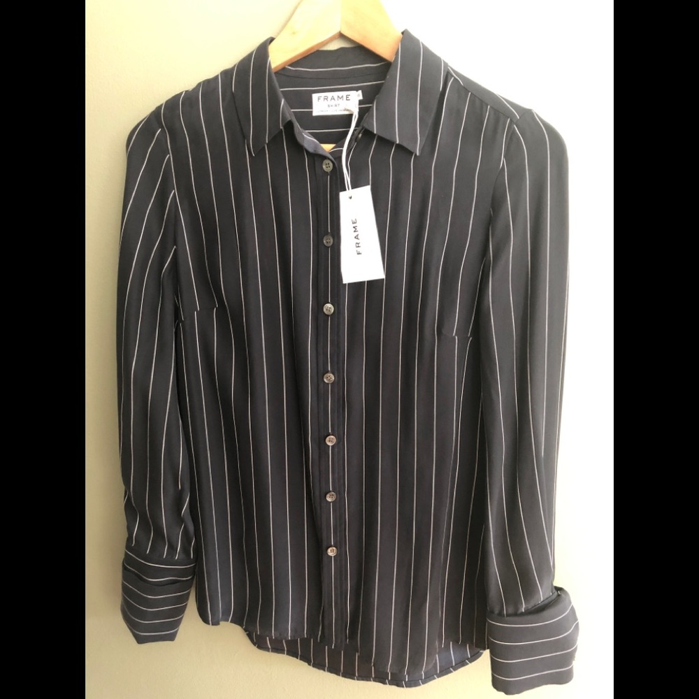 Frame Denim Silk Navy Blue pinstriped  blouse XS